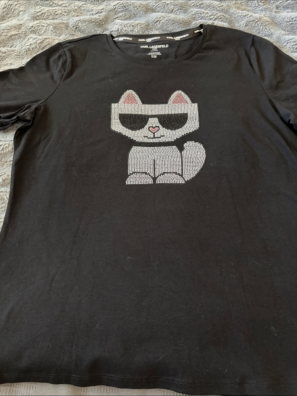 Karl Lagerfeld Black Tee with Rhinestone Cat Motif